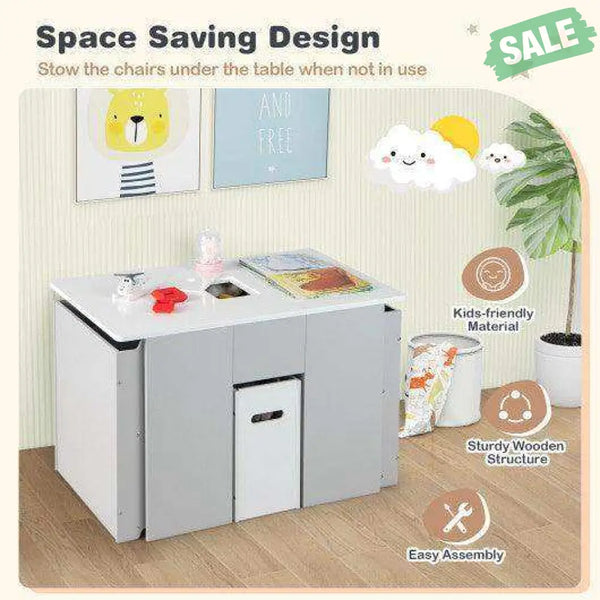 4-in-1 Kids Table and Chairs with Multiple Storage for Learning-Gray Kids Table & Chair Sets