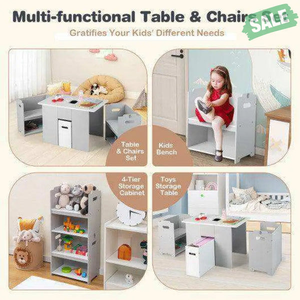 4-in-1 Kids Table and Chairs with Multiple Storage for Learning-Gray Kids Table & Chair Sets