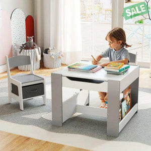 4 in 1 Kids Toddler Activity Table and Chairs Set with Reversible Tabletop-Grey