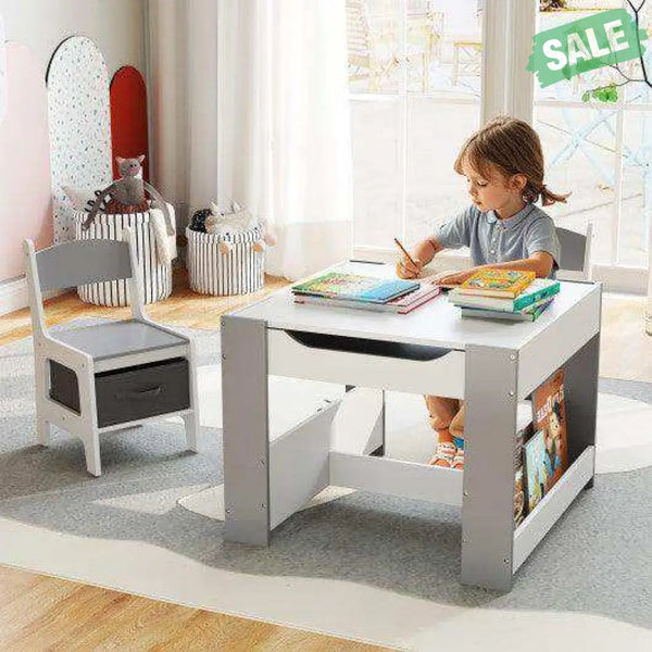 4 in 1 Kids Toddler Activity Table and Chairs Set with Reversible Tabletop-Grey
