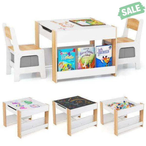 4 in 1 Kids Toddler Activity Table and Chairs Set with Reversible Tabletop-Natural