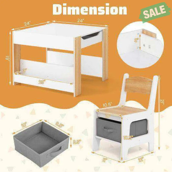 4 in 1 Kids Toddler Activity Table and Chairs Set with Reversible Tabletop-Natural