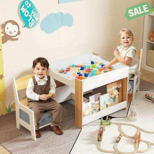 4 in 1 Kids Toddler Activity Table and Chairs Set with Reversible Tabletop-Natural
