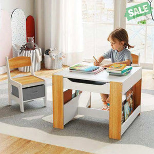 4 in 1 Kids Toddler Activity Table and Chairs Set with Reversible Tabletop-Natural