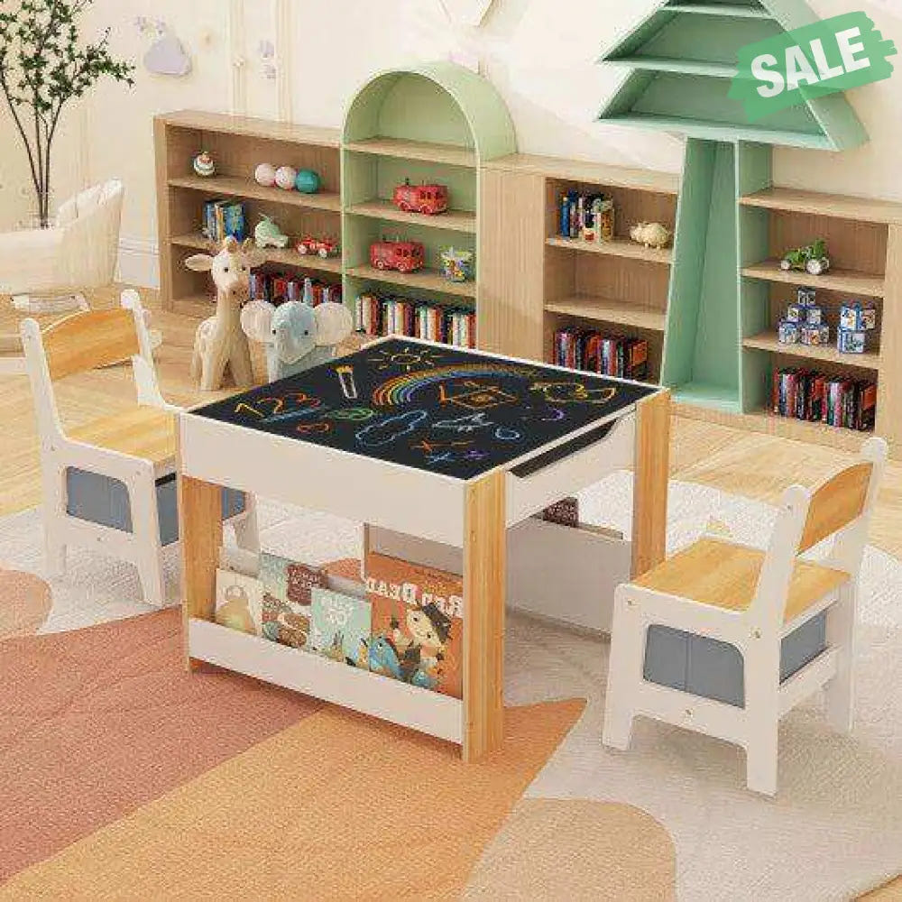 4 in 1 Kids Toddler Activity Table and Chairs Set with Reversible Tabletop-Grey