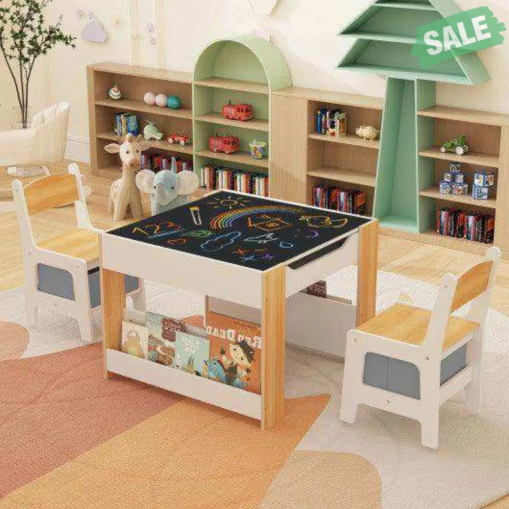 4 in 1 Kids Toddler Activity Table and Chairs Set with Reversible Tabletop-Grey