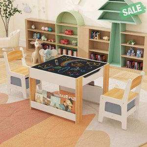 4 in 1 Kids Toddler Activity Table and Chairs Set with Reversible Tabletop-Natural