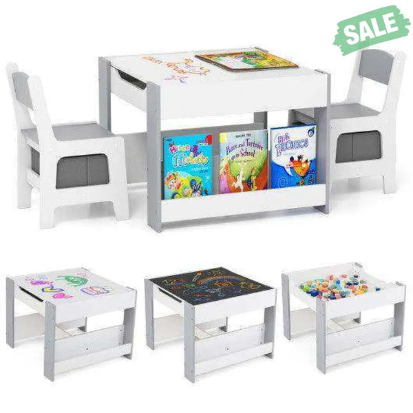 4 in 1 Kids Toddler Activity Table and Chairs Set with Reversible Tabletop-Grey