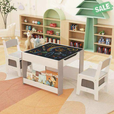 4 in 1 Kids Toddler Activity Table and Chairs Set with Reversible Tabletop-Grey