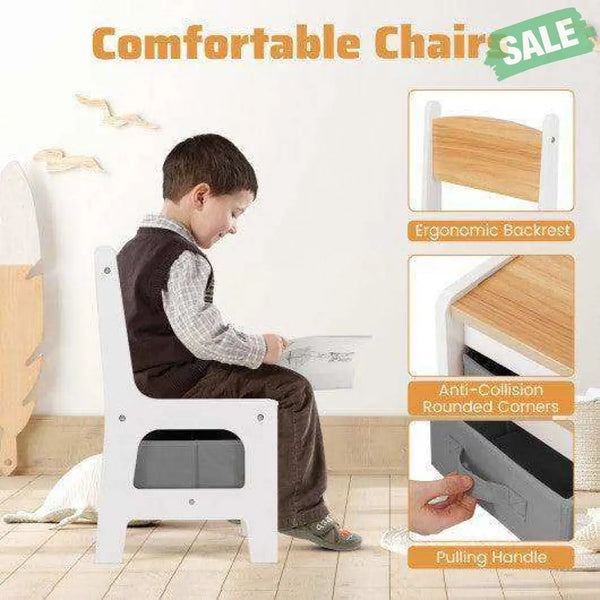 4 in 1 Kids Toddler Activity Table and Chairs Set with Reversible Tabletop-Natural