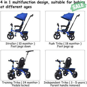 4-in-1 Kids Tricycle with Adjustable Push Handle-Blue Blue Baby Strollers