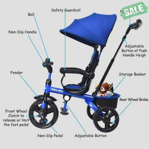 4-in-1 Kids Tricycle with Adjustable Push Handle-Blue Blue Baby Strollers