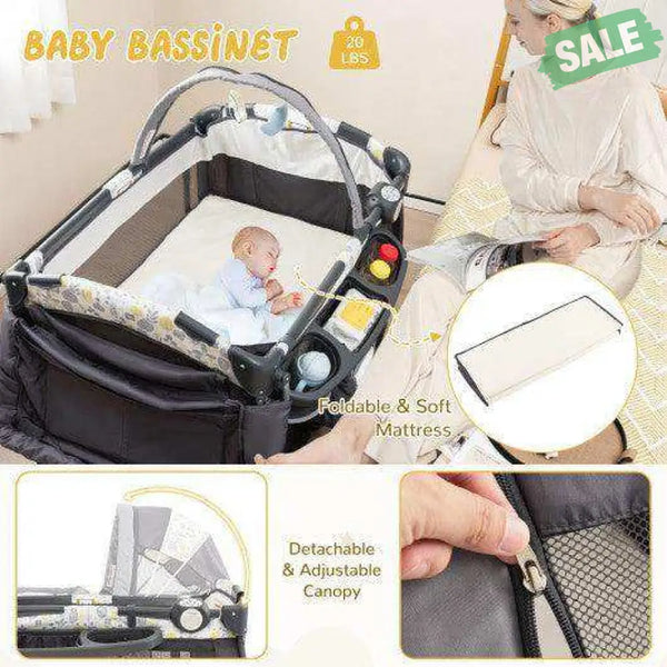 4 in 1 Portable Pack and Play Baby Nursery Center with Bassinet-Yellow