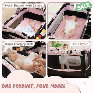 4 in 1 Portable Pack and Play Baby Nursery Center with Bassinet-Pink