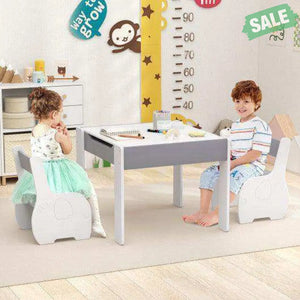 4-in-1 Wooden Activity Kids Table and Chairs with Storage and Detachable Blackboard-White Kids Table & Chair Sets