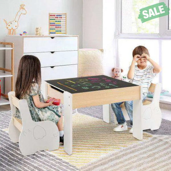 4-in-1 Wooden Activity Kids Table and Chairs with Storage and Detachable Blackboard-White Kids Table & Chair Sets