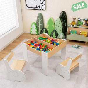 4-in-1 Wooden Activity Kids Table and Chairs with Storage and Detachable Blackboard-White White Kids Table & Chair Sets
