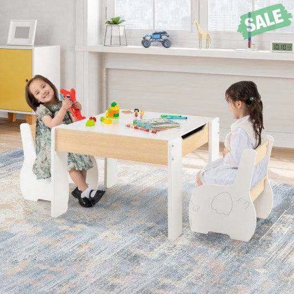 4-in-1 Wooden Activity Kids Table and Chairs with Storage and Detachable Blackboard-White Kids Table & Chair Sets