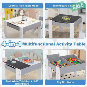 4-in-1 Wooden Activity Kids Table and Chairs with Storage and Detachable Blackboard-White Gray Kids Table & Chair Sets