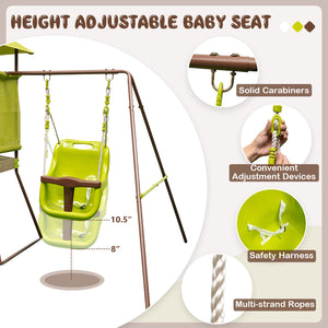 4-in-1 Swing Set with Covered Playhouse Fort and Height Adjustable Baby Seat