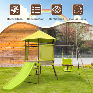 4-in-1 Swing Set with Covered Playhouse Fort and Height Adjustable Baby Seat