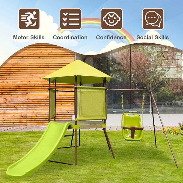 4-in-1 Swing Set with Covered Playhouse Fort and Height Adjustable Baby Seat