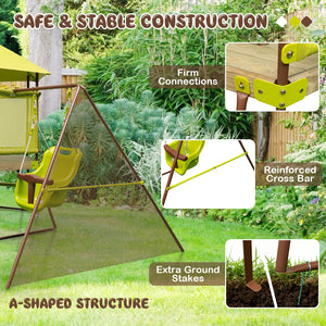 4-in-1 Swing Set with Covered Playhouse Fort and Height Adjustable Baby Seat