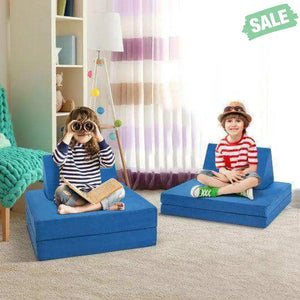 4-Piece Convertible Kids Couch Set with 2 Folding Mats-Blue Blue Kids Chairs & Seating