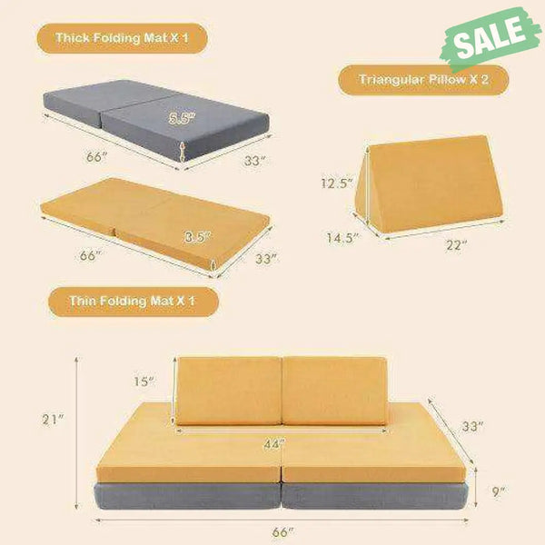 4-Piece Convertible Kids Couch Set with 2 Folding Mats-Blue Blue Kids Chairs & Seating