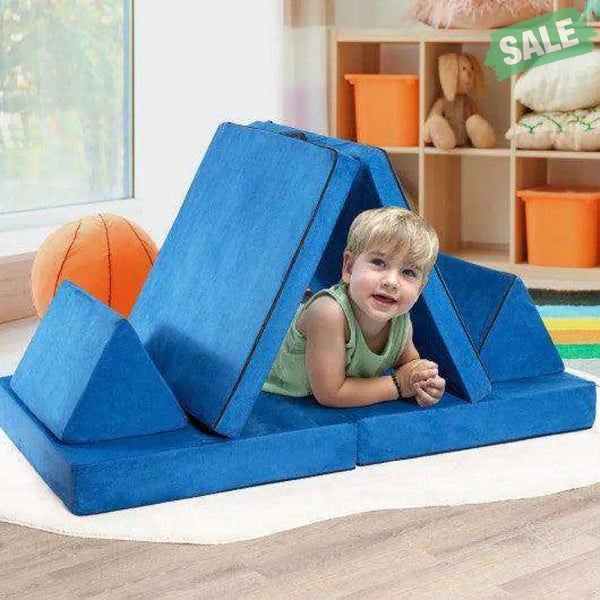 4-Piece Convertible Kids Couch Set with 2 Folding Mats-Blue Blue Kids Chairs & Seating