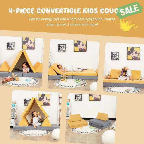 4-Piece Convertible Kids Couch Set with 2 Folding Mats-Blue Blue Kids Chairs & Seating