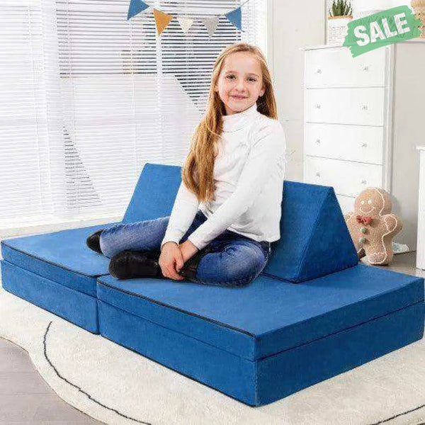 4-Piece Convertible Kids Couch Set with 2 Folding Mats-Blue Blue Kids Chairs & Seating
