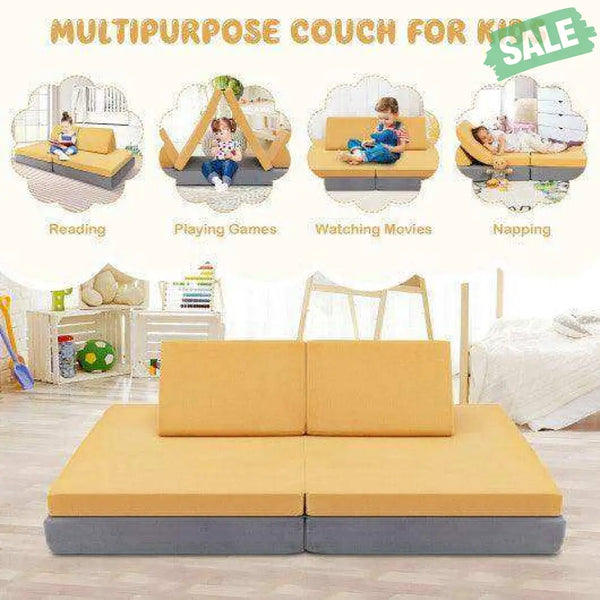 4-Piece Convertible Kids Couch Set with 2 Folding Mats-Blue Blue Kids Chairs & Seating