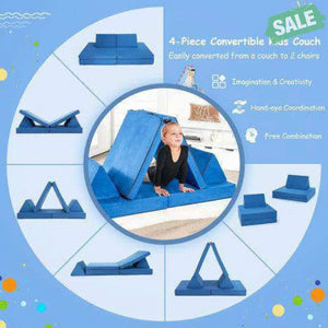 4-Piece Convertible Kids Couch Set with 2 Folding Mats-Blue Blue Kids Chairs & Seating