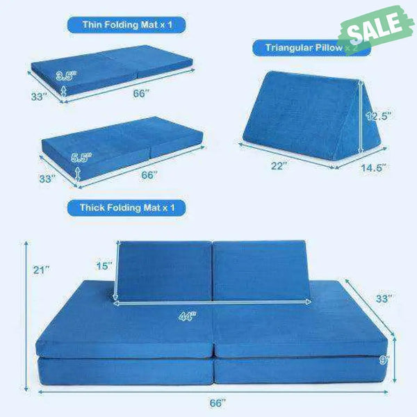 4-Piece Convertible Kids Couch Set with 2 Folding Mats-Blue Blue Kids Chairs & Seating