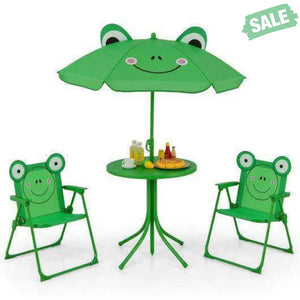 4 Pieces Kids Picnic Set with 2 Folding Chairs and Height Adjustable Umbrella-Green