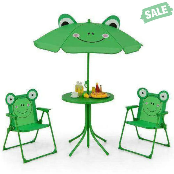 4 Pieces Kids Picnic Set with 2 Folding Chairs and Height Adjustable Umbrella-Green