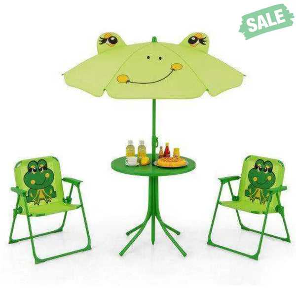 4 Pieces Kids Picnic Set with 2 Folding Chairs and Height Adjustable Umbrella-Light Green