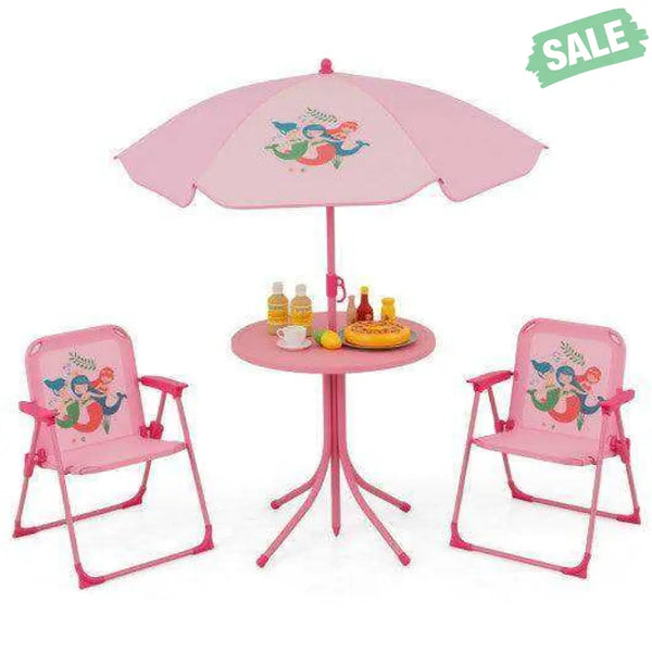 4 Pieces Kids Picnic Set with 2 Folding Chairs and Height Adjustable Umbrella-Pink
