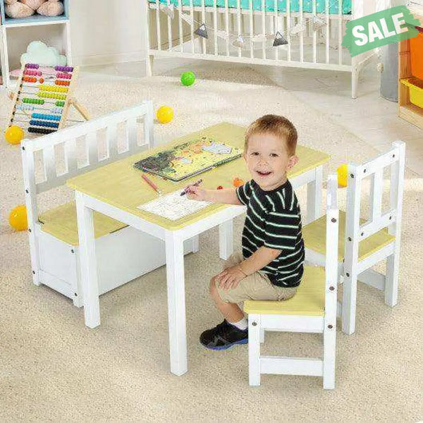 4 Pieces Kids Wooden Activity Table and Chairs Set with Storage Bench and Study Desk-Gray Natural Kids Table & Chair
