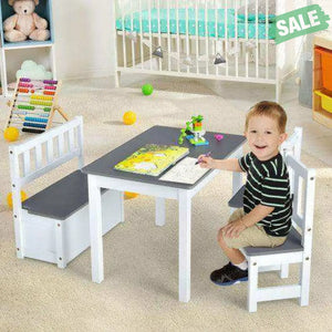 4 Pieces Kids Wooden Activity Table and Chairs Set with Storage Bench and Study Desk-Gray Natural Kids Table & Chair