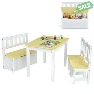4 Pieces Kids Wooden Activity Table and Chairs Set with Storage Bench and Study Desk-Gray Natural Kids Table & Chair