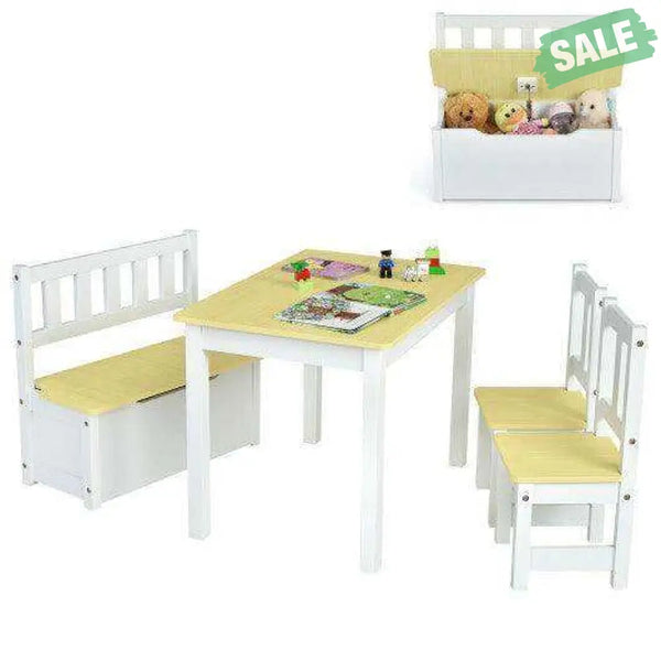 4 Pieces Kids Wooden Activity Table and Chairs Set with Storage Bench and Study Desk-Gray Natural Kids Table & Chair