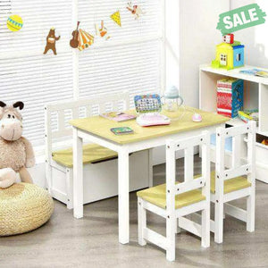 4 Pieces Kids Wooden Activity Table and Chairs Set with Storage Bench and Study Desk-Gray Natural Kids Table & Chair