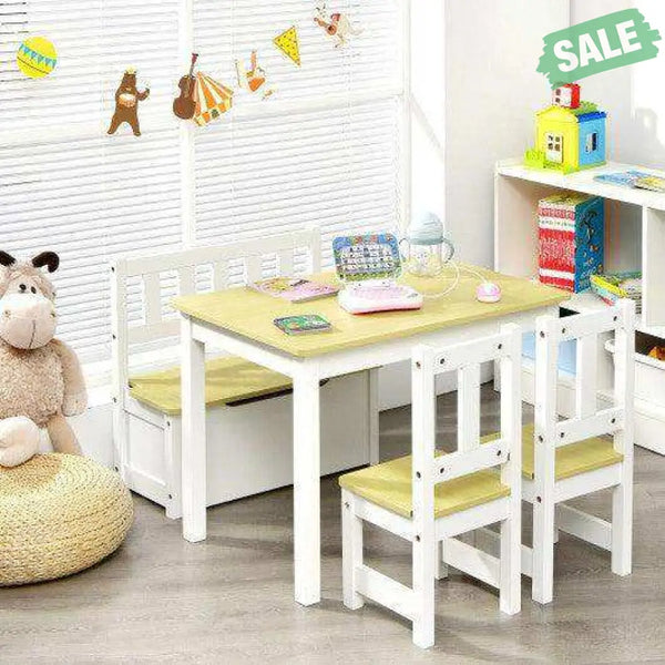 4 Pieces Kids Wooden Activity Table and Chairs Set with Storage Bench and Study Desk-Gray Natural Kids Table & Chair