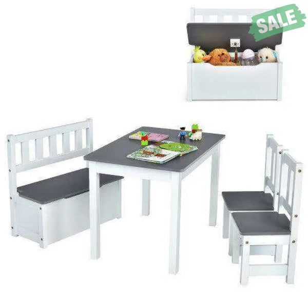 4 Pieces Kids Wooden Activity Table and Chairs Set with Storage Bench and Study Desk-Gray Natural Kids Table & Chair