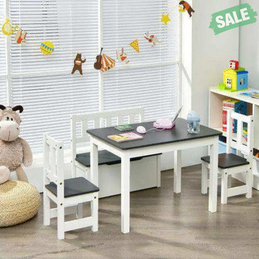 4 Pieces Kids Wooden Activity Table and Chairs Set with Storage Bench and Study Desk-Gray Natural Kids Table & Chair
