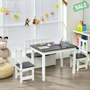 4 Pieces Kids Wooden Activity Table and Chairs Set with Storage Bench and Study Desk-Gray Natural Kids Table & Chair