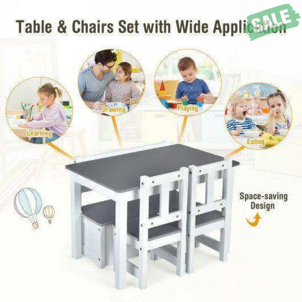 4 Pieces Kids Wooden Activity Table and Chairs Set with Storage Bench and Study Desk-Gray Natural Kids Table & Chair