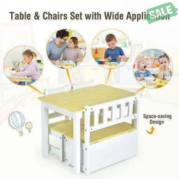 4 Pieces Kids Wooden Activity Table and Chairs Set with Storage Bench and Study Desk-Gray Natural Kids Table & Chair